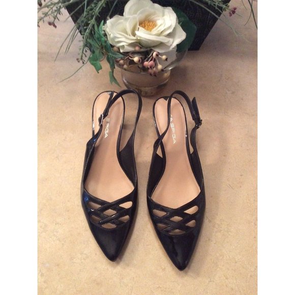 VIA SPIGA CUCIO Black Patent Leather Slingback Kitten Loafer US7.5 EUC! $279 - Picture 3 of 9